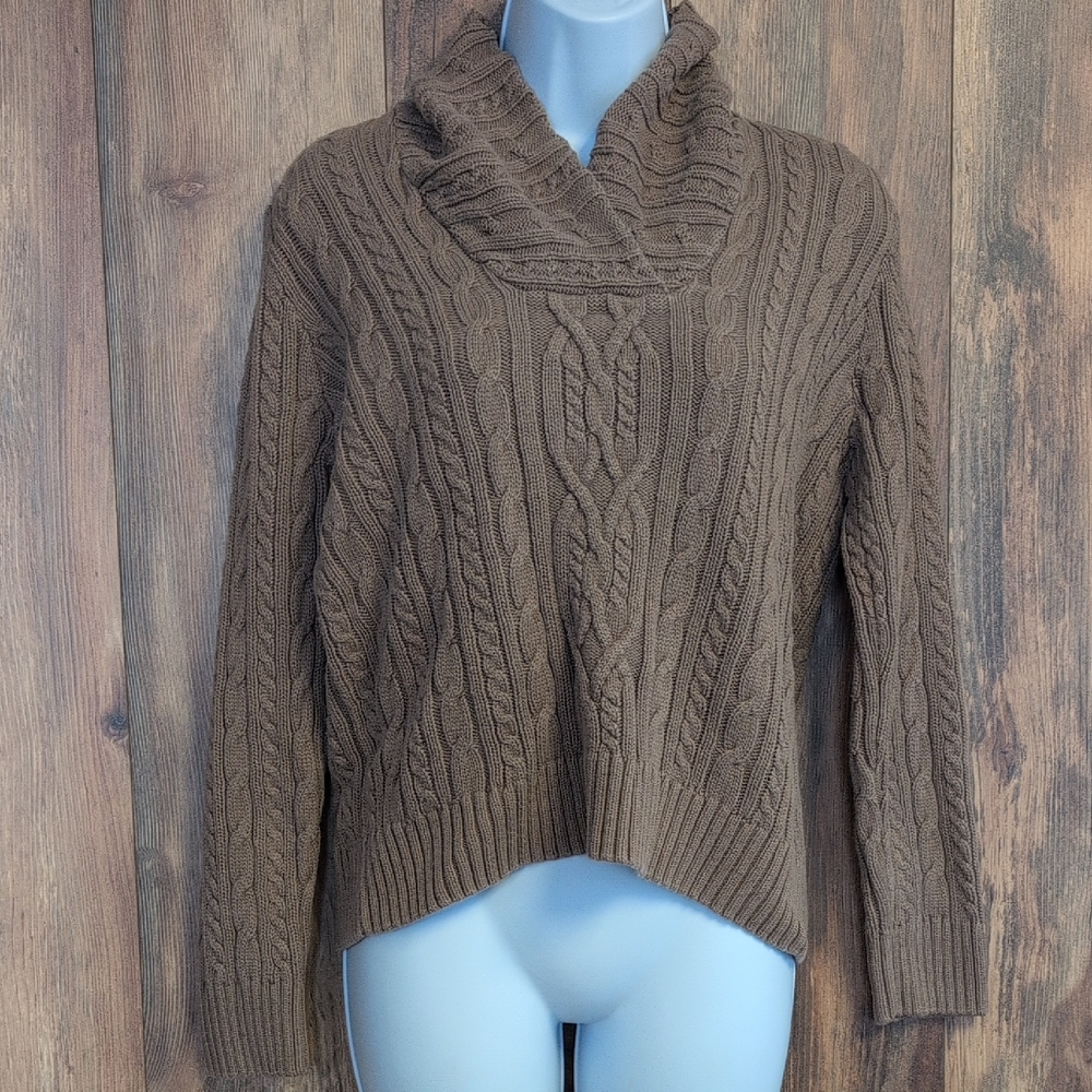 JEANNE PIERRE Brown Cable Knit Turtleneck Crop Sweater L             R218